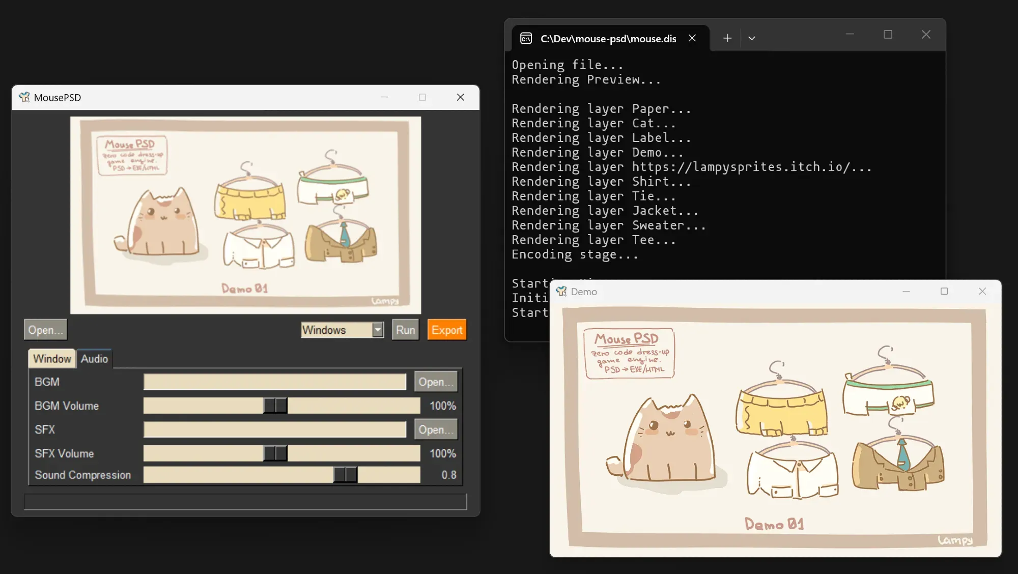 SCreenshot 0 main window, console, demo running